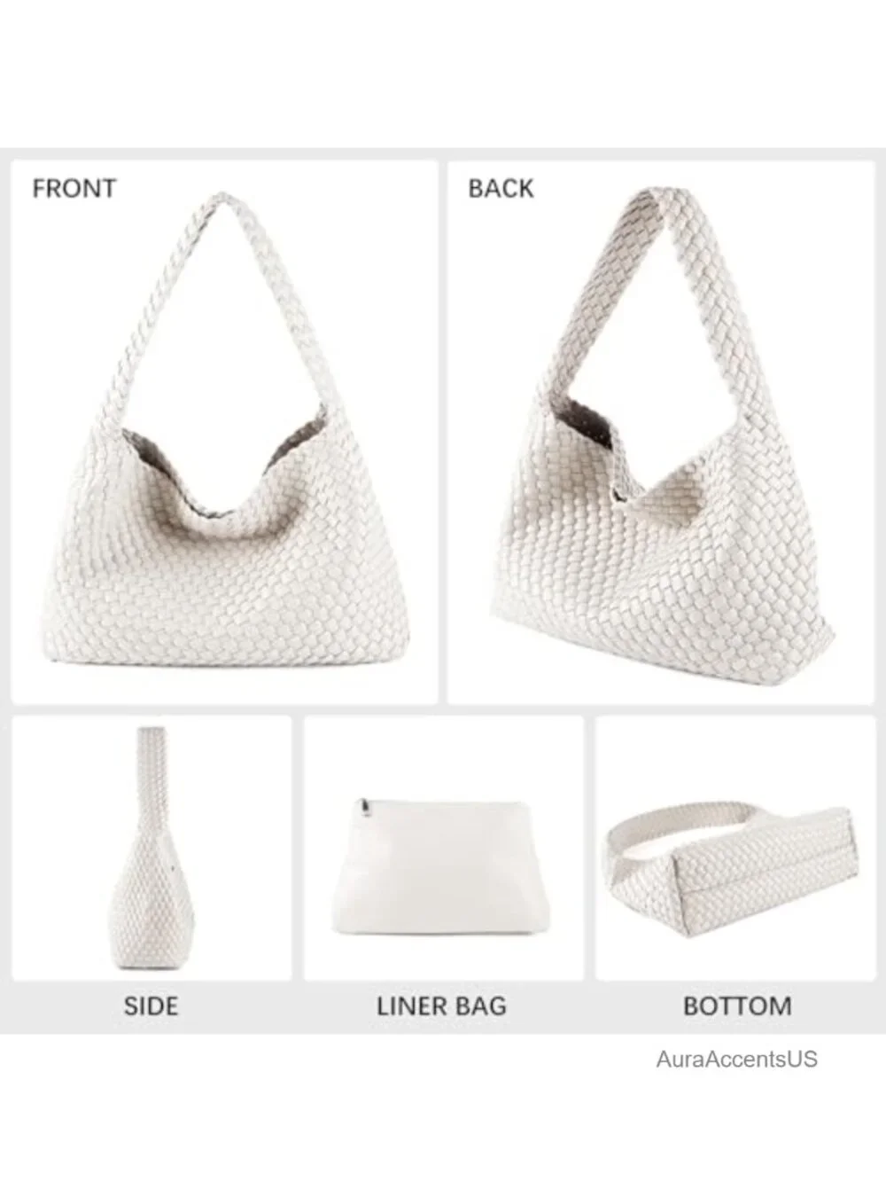 Woven Vegan Leather Hobo Tote Bag with Pouch Lightweight